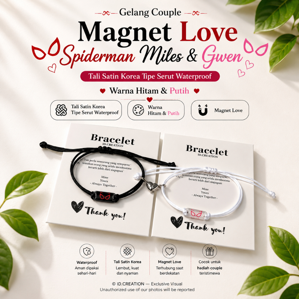 Gelang Couple Magnet Love Spiderman Miles & Gwen - Tali Satin Korea Tipe Serut Waterproof
