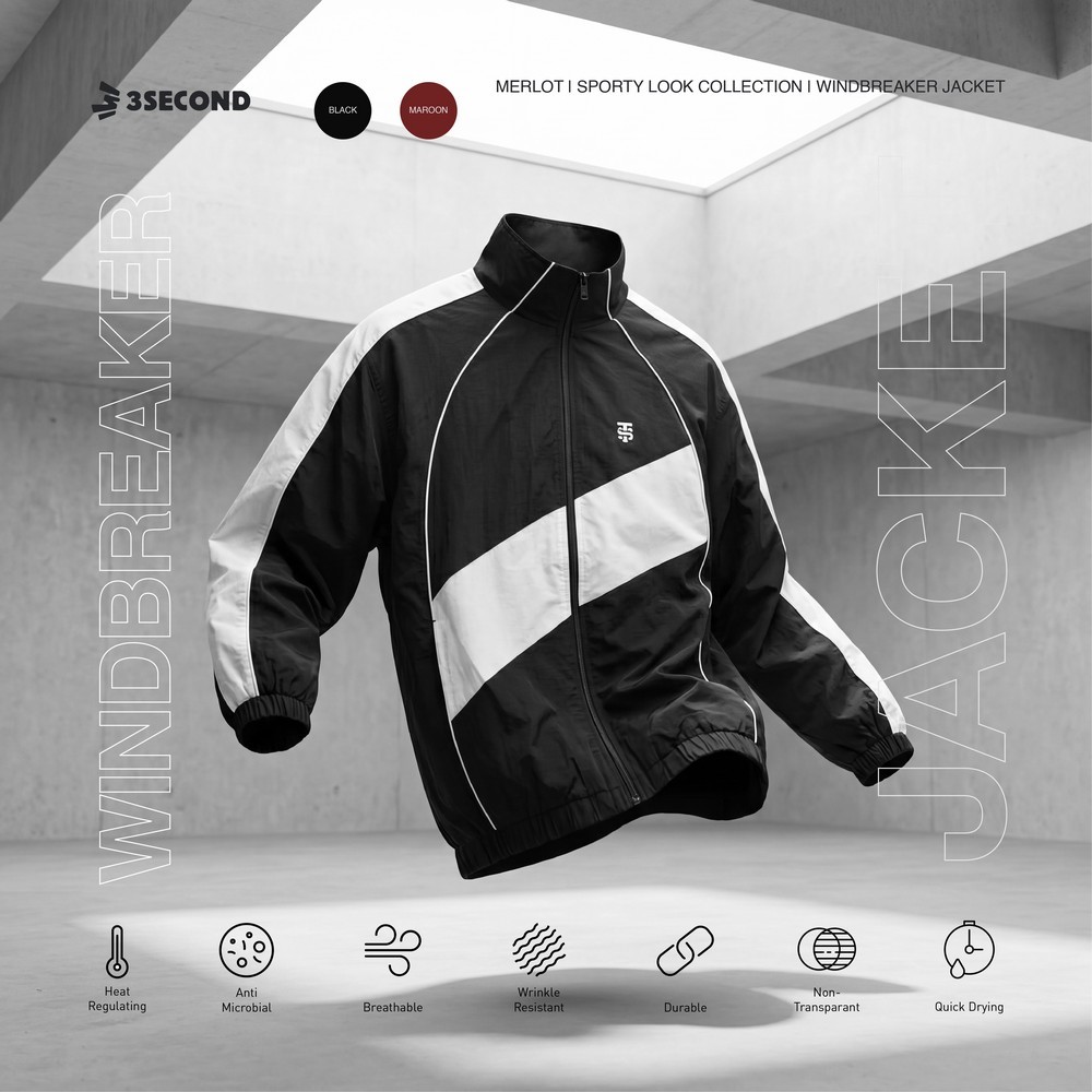 3Second Sporty Jaket Windbreaker Pria Regular Fit Crinkle Merlot OL-C110426