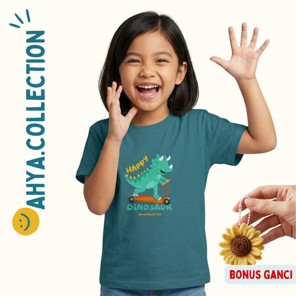 Kaos Atasan Anak Perempuan Baju Cewek Lengan Pendek Motif Dinosaur Dino Lucu Ahya Collection + Bonus