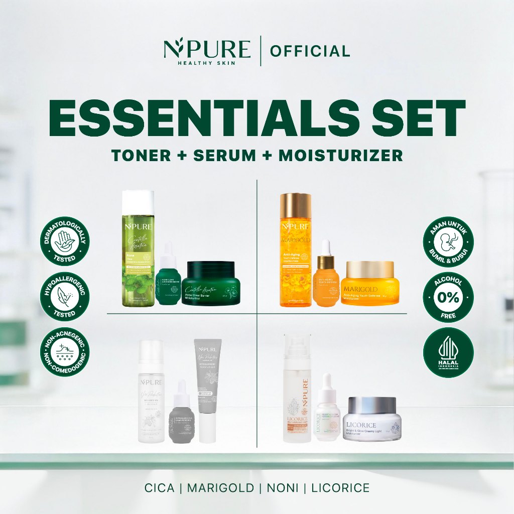NPURE ESSENTIALS SET - Toner + Serum + Moisturizer - Cica Acne Care / Licorice Mencerahkan / Marigol