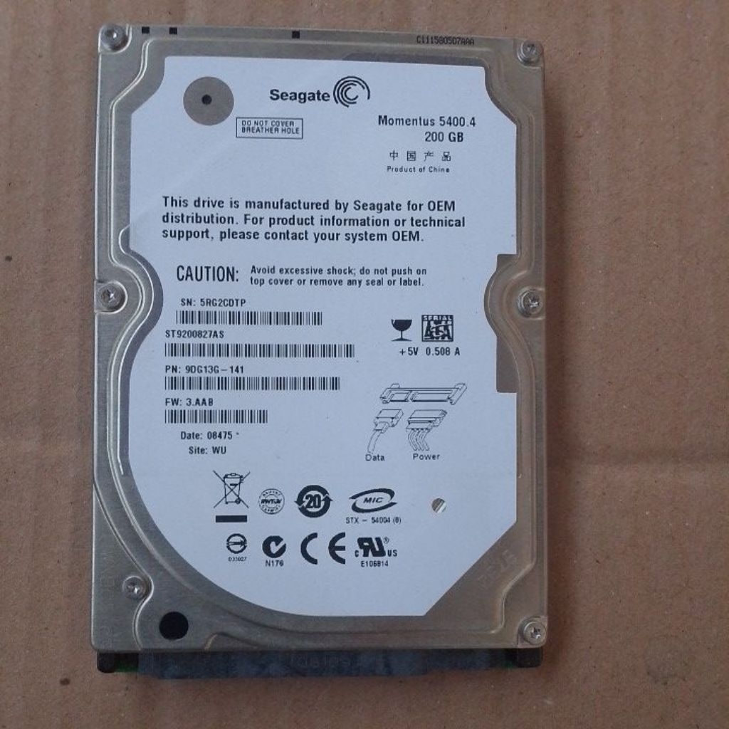 Hardisk notebook Seagate momentus 5400 200gb rusak