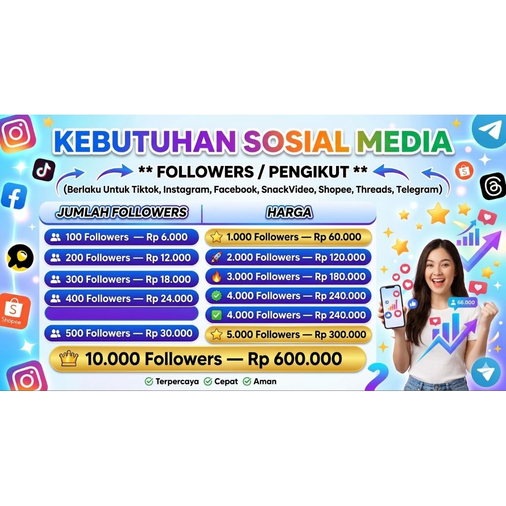 Layanan Followers All Sosial Media Termurah (Instagram, TikTok, FB, Shopee, Telegram)