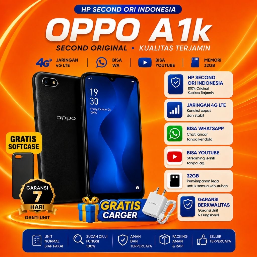oppo a1k second hp cas ex resmi gratis softcase. memori 32gb android 9 6inch garansi