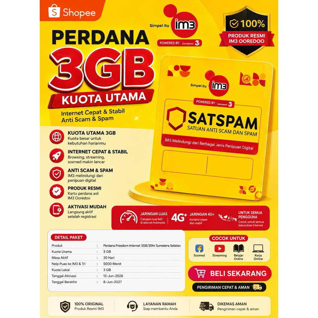 Perdana im3 ||indosat ||Internet 3GB 30hr SEGEL WAJIB REGIS Sumatera Selatan ex 1 tahun