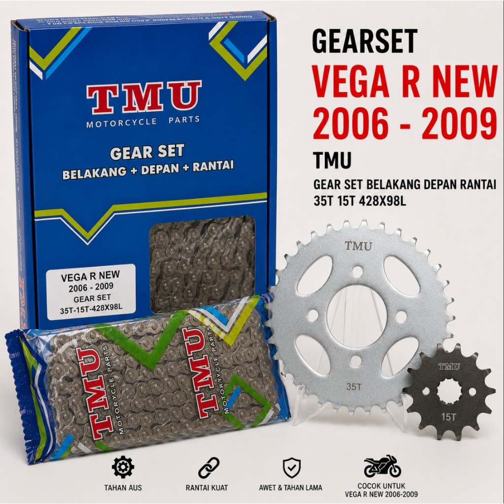 Gearset girset Vega R new tahun 2006-2009 TMU gear set belakang depan rantai yamaha 35T 15T 428X98L