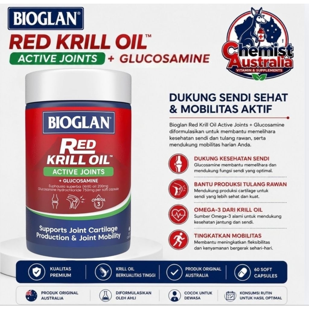 Bioglan Red Krill Oil Active Joints + Glucosamine 60 Soft Capsules Original Australia | Omega 3 untu