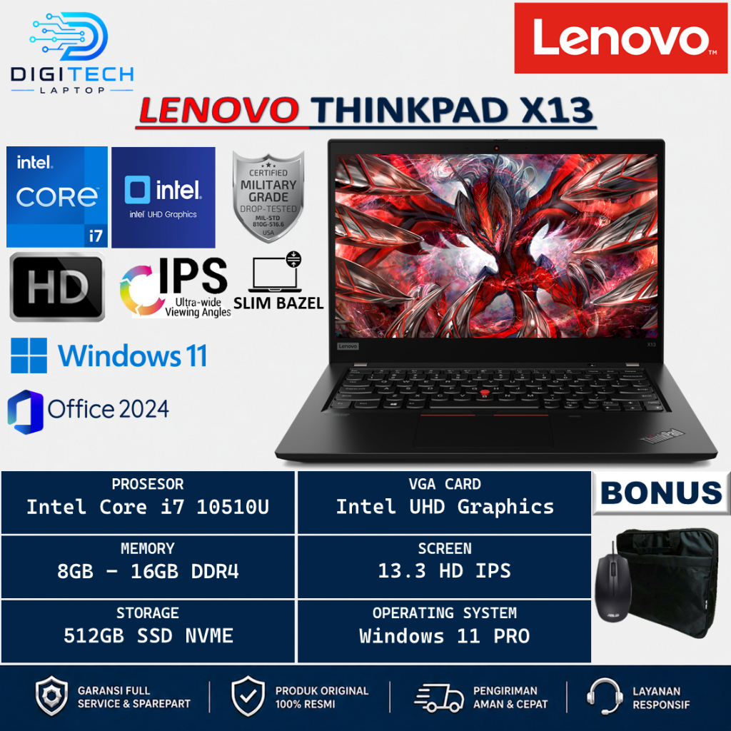 Laptop Murah Thinkpad x13 Intel Core i7 10510U 16GB 512GB 13.3 HD 720P  WINDOWS 10 PRO Laptop kantor