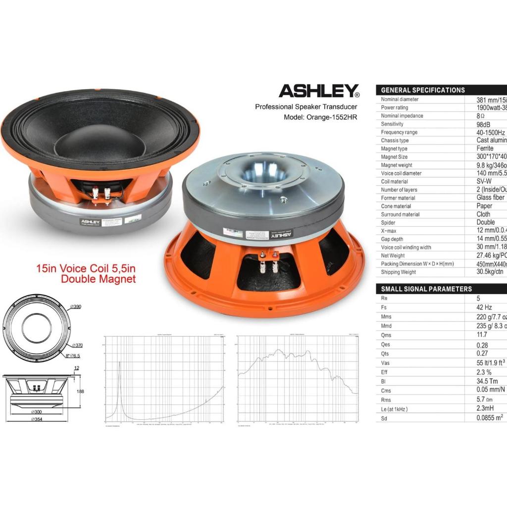 Speaker Komponen ASHLEY ORANGE 1552 HR / 1552HR Coil 5'5 Inch Double Magnet 15 Inch
