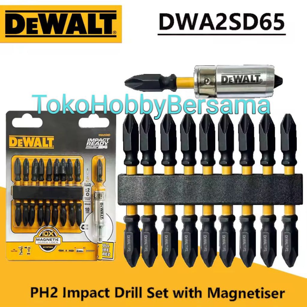 DEWALT DWA2SD65 Impact Drill Set with Magnetiser/Demagnetiser PH2x65mm Screw Bits Dewalt Obeng PH2 D