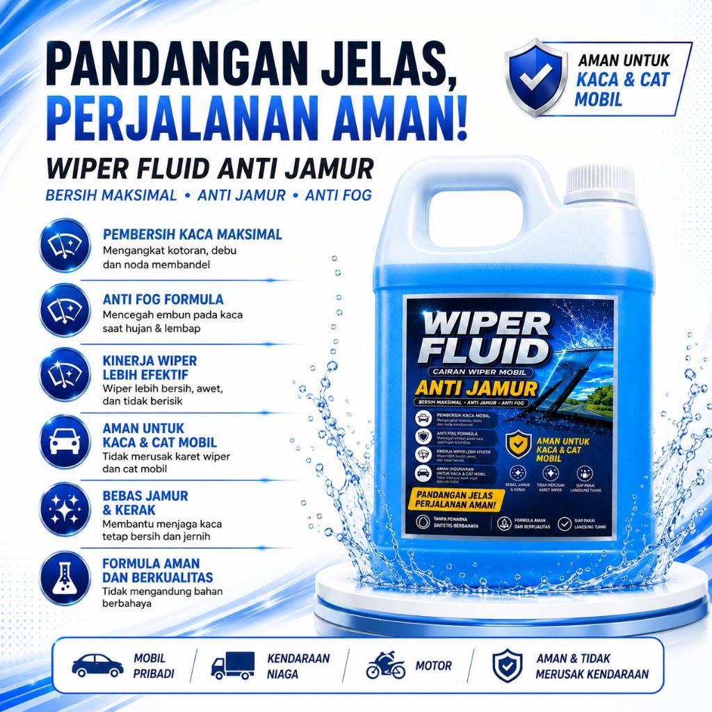 WIPER FLUID,cairan Wiper 4 Liter Bersihkan kaca mobil bebas jamur, kerak dan cegah goresan,