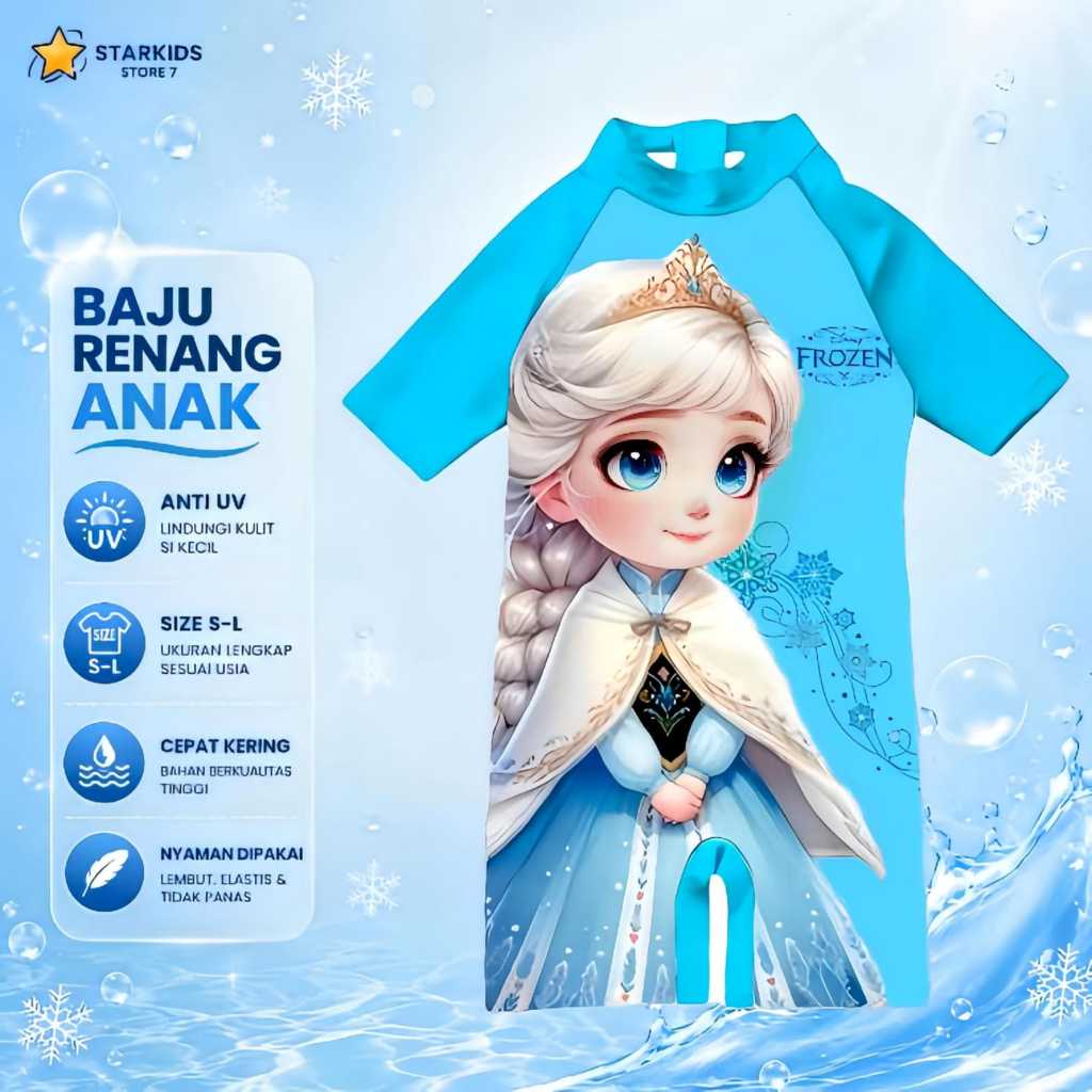 Baju Renang Anak Perempuan Elsa Frozen – Swimwear Lengan Pendek Karakter Lucu Ukuran S M L