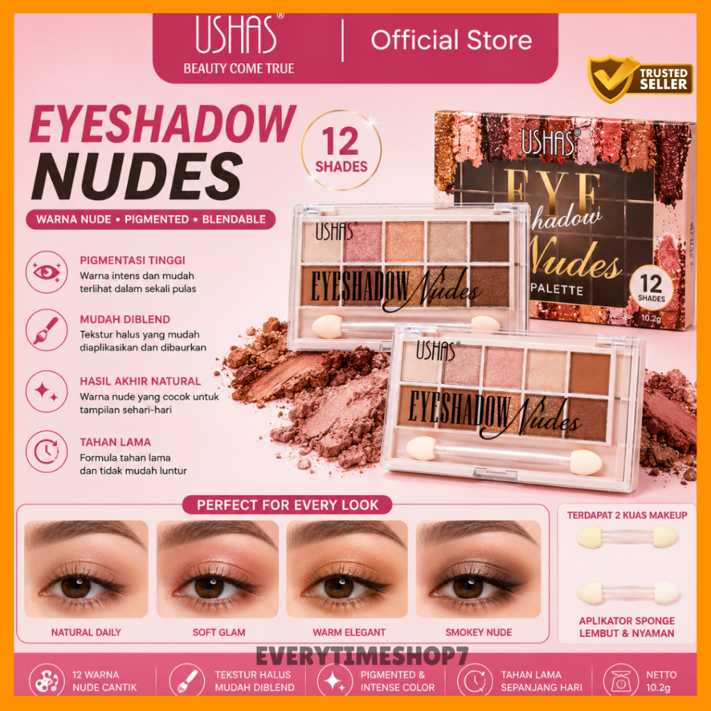 USHAS Eyeshadow Nudes 12 Warna 10.2g BPOM - Eyeshadow Palette Nude Pigmented Glitter Matte Tahan Lam