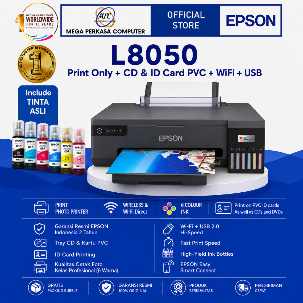 Printer Epson L8050 WI-FI PHOTO INK TANK A4 photo printing, PVC ID card, CD/DVD Wireless pengganti t