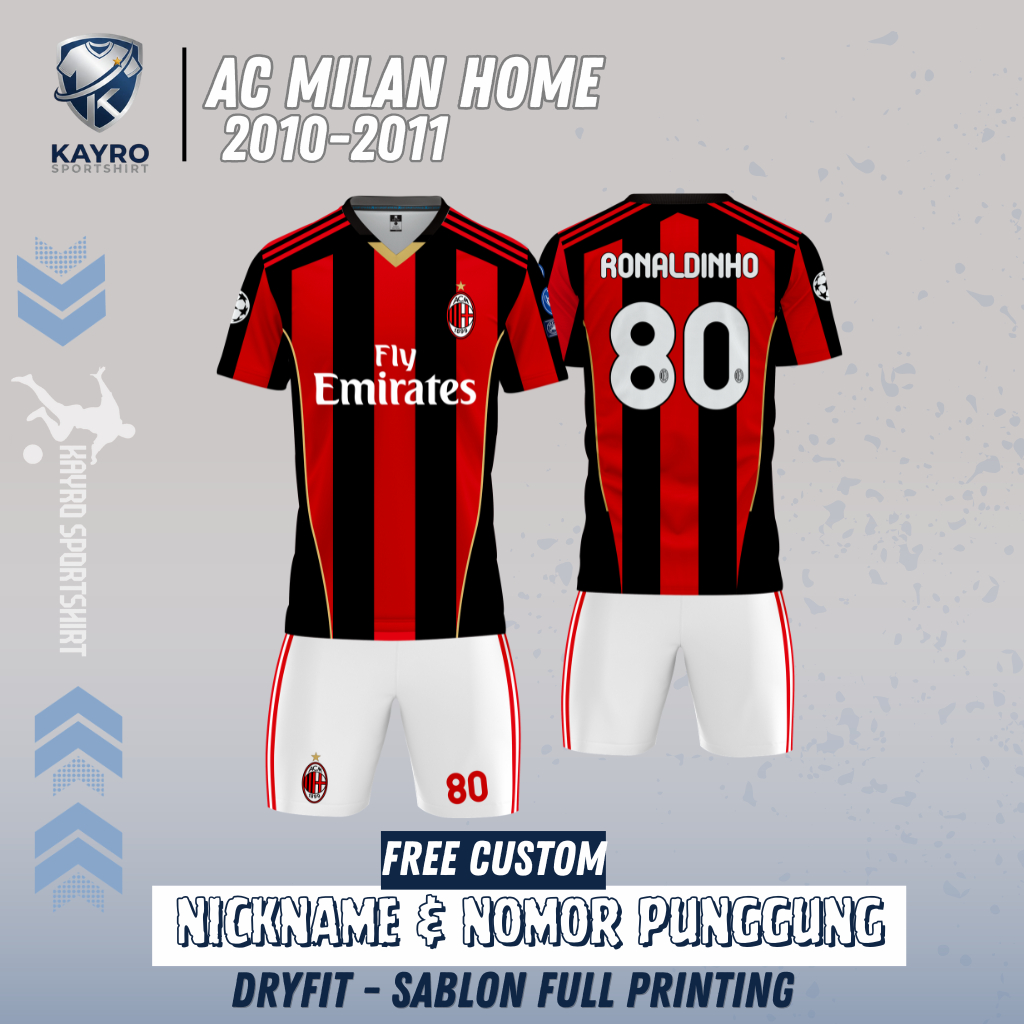 Jersey Retro AC Milan Home 2010-2011 Ronaldinho Dry Fit Full Printing Free Custom Nama dan No Punggu