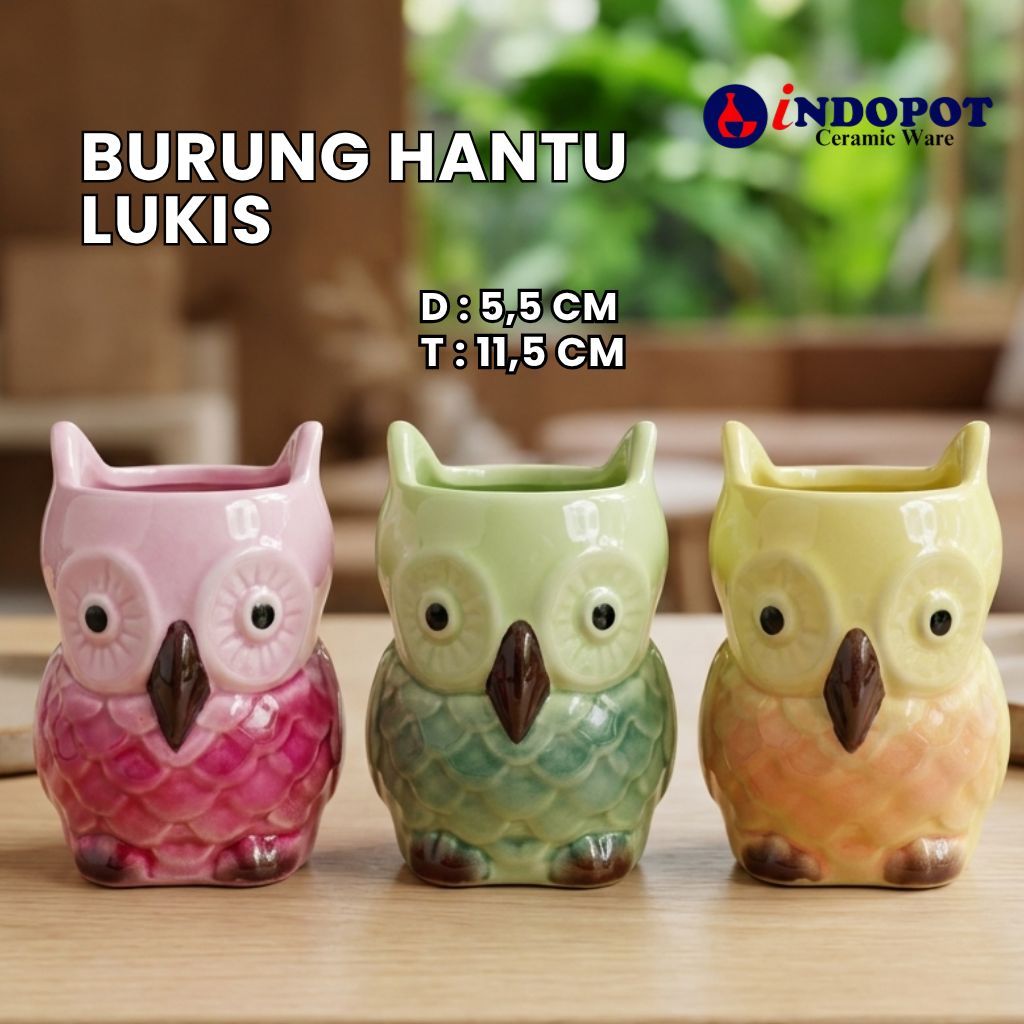 INDOPOT Vas Keramik Burung Hantu Mini Owl - Pot Kaktus Sukulen Estetik Lucu / Pot Bunga Karakter Paj