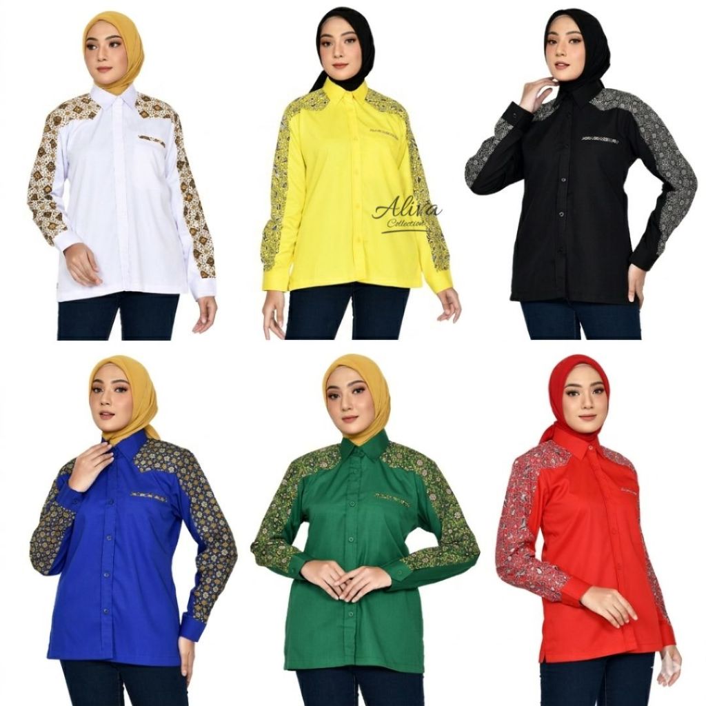 ALIVA Kemeja Batik Wanita/Baju Batik Wanita/Atasan Wanita Kombinasi Batik/Seragam Karyawan