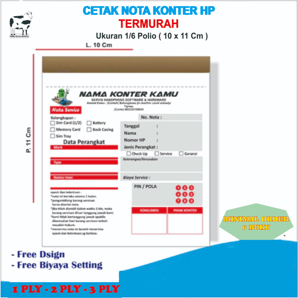 Nota servis hp Custom Nama konter sendiri ukuran 1/6 polio 10 x 11 cm buku nota servis hp cetak nota