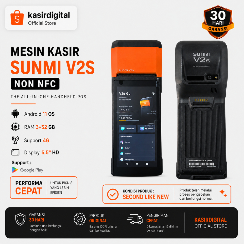Mesin Kasir Android 11 Portable SUNMI V2S Standard Non NFC RAM 3+32GB Non NFC Second Bergaransi Supp