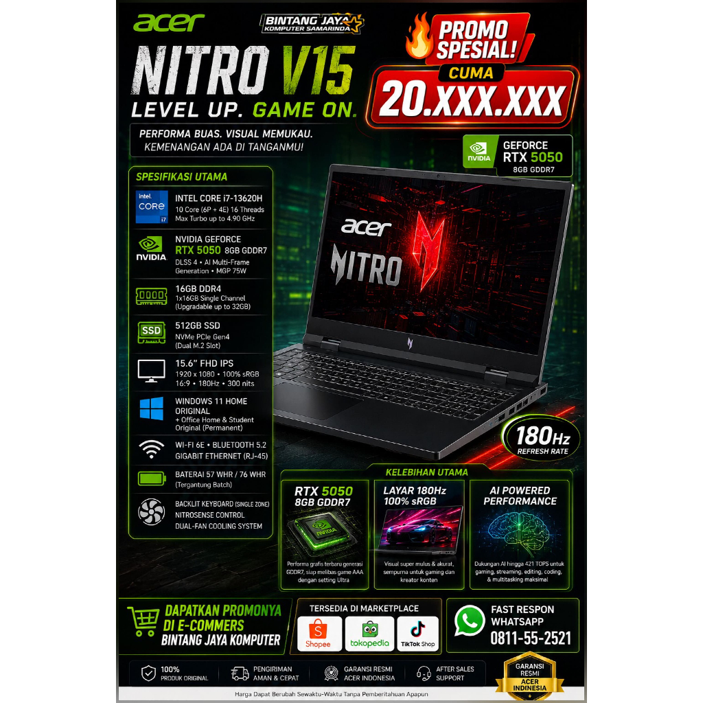 LAPTOP GAMING ACER NITRO V15 I7 W11 16/512/V8/RTX5050/WIN11 ORI/OHS