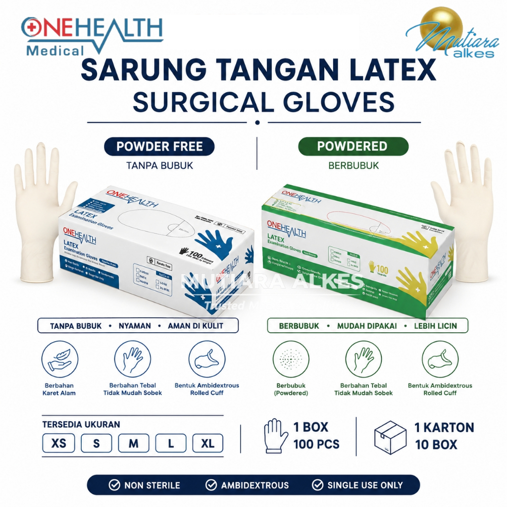 ONEHEALTH Sarung Tangan Latex Handscoon Powdered dan Powder Free Box Isi 100 pcs - Mutiara Alkes