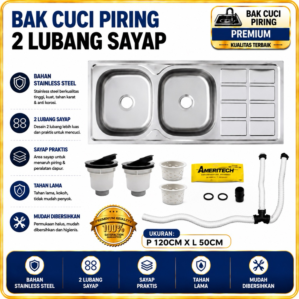 READY BAK CUCI PIRING 2 LUBANG SAYAP 120CM X 50CM/SINK DAPUR 2 LUBANG SAYAP/KITCHEN  SINK 2 LUBANG
