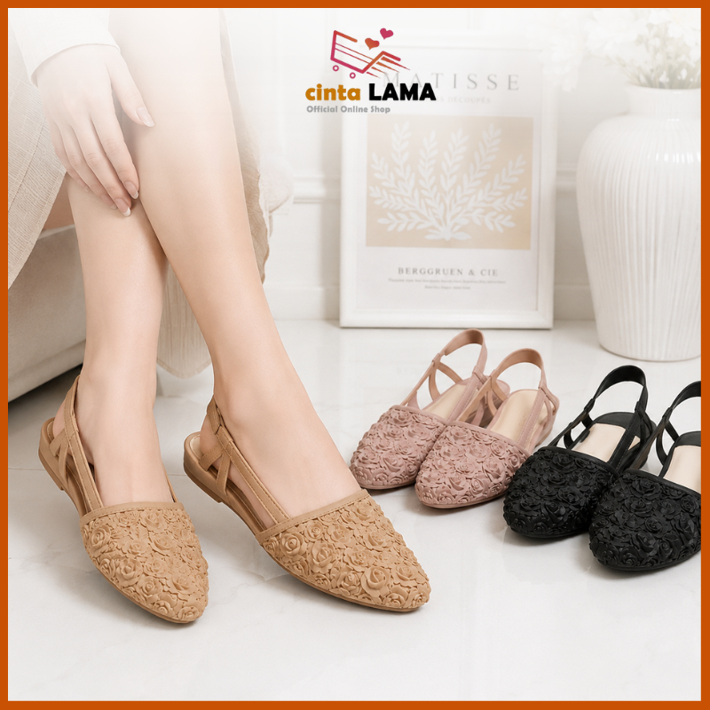 Sepatu Heels Wanita Motif Mawar Elegant Low Heel Tali Woman Slip On Mules Import Bahan PVC SPT-75