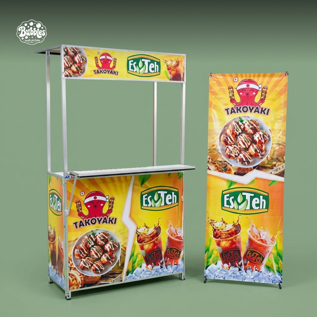 Booth Portable Plus Meja Display EXTRA JUMBO | Gerobak Lipat Bongkar Pasang Roda | Gerobak Aluminium