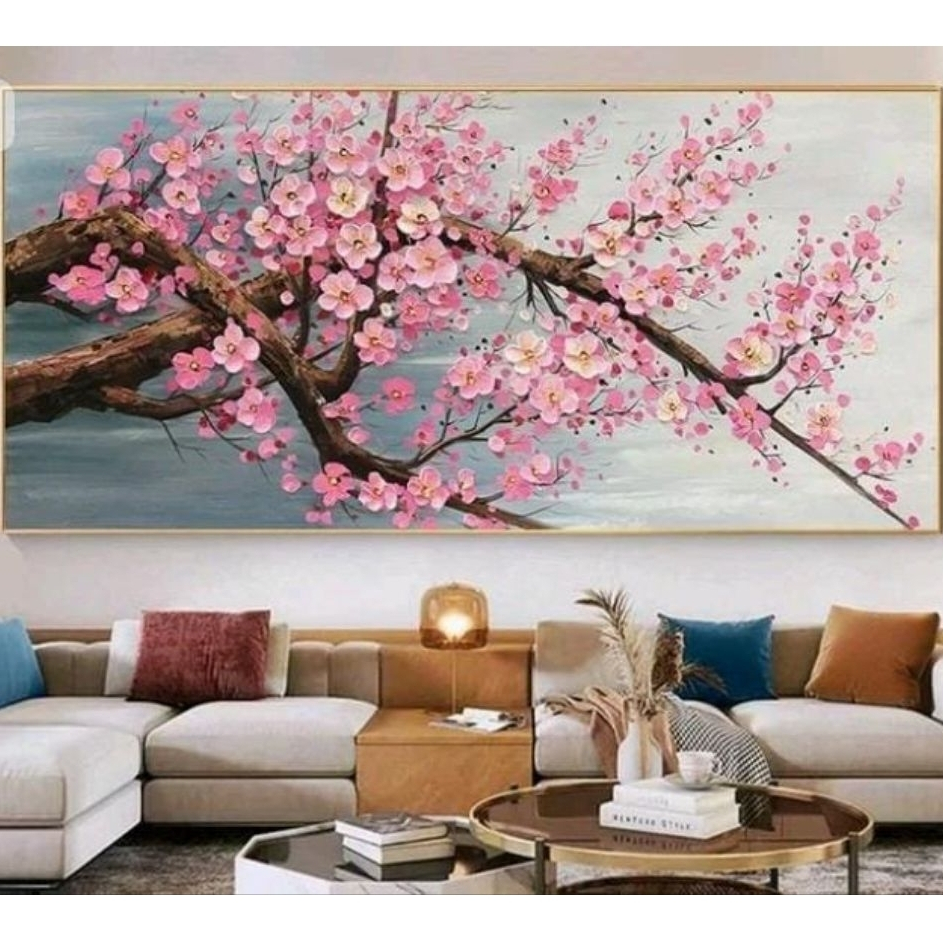 lukisan bunga sakura moderen kanvas tekstur tebal hiasan dinding minimalis