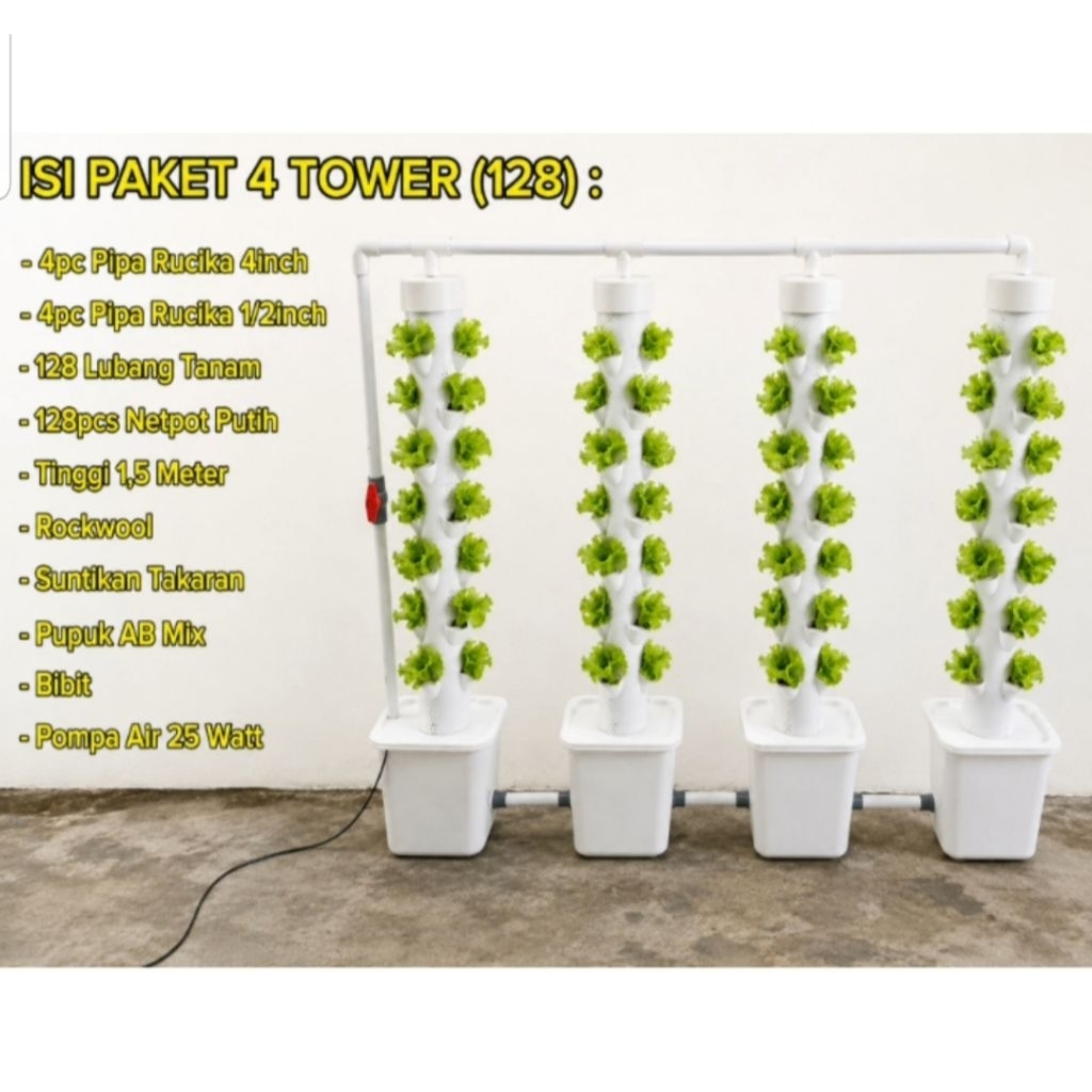 Set Tower Pipa Paket Set 4 Tower Pipa Hidroponik Vertikal Vertikultur 128 Lubang Tanam Tower Pipa Hi