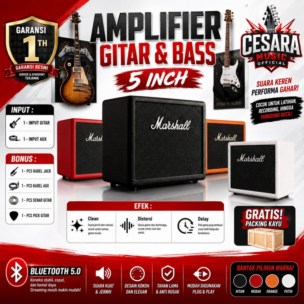 Ampli gitar & bass 5 inc bluetooth 2 input bonus kabel jack, aux, pick bergaransi