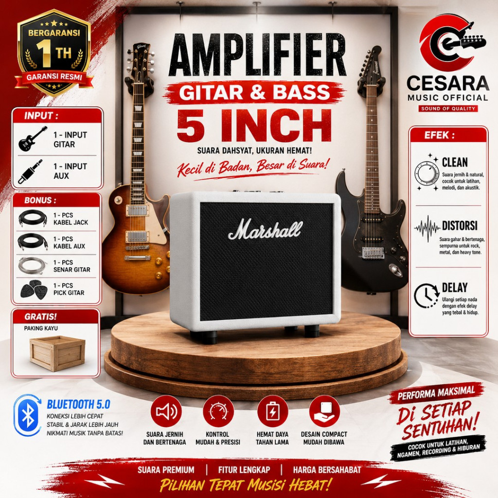 ampli gitar dan bass 5 inch 2 Input bluetooth marshall bonus kabel jack pick gitar & aux putih