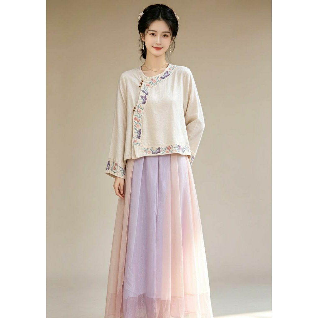 (NEW) HANFU MODERN TOP SKIRT EMBROIDERY BUTTERFLY FLOWER BLOUSE CHEONGSAM BORDIR KUPU BUNGA ROK LILI
