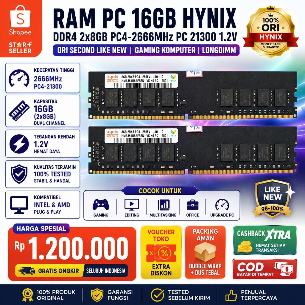 RAM PC 16GB HYNIX DDR4 2x8GB PC4-2666MHz PC 21300 1.2V ORI SECOND LIKE NEW GAMING KOMPUTER LONGDIMM