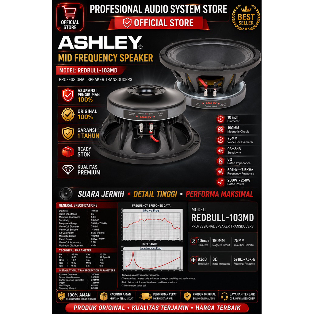 SPEAKER KOMPONEN ASHLEY 10INCH REDBULL 103MD REDBULL-103MD REDBULL103MD ORIGINAL RESMI ASHLEY