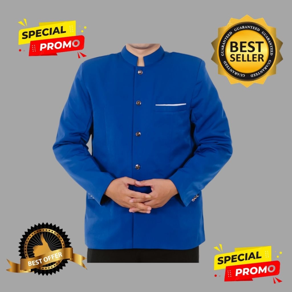 Jas Koko Jasko Mandarin Warna Biru Pria Terlaris List saku putih