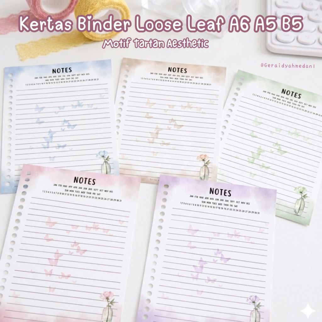Kertas Binder Loose Leaf A6 A5 B5 Motif Butterfly Vintage Aesthetic