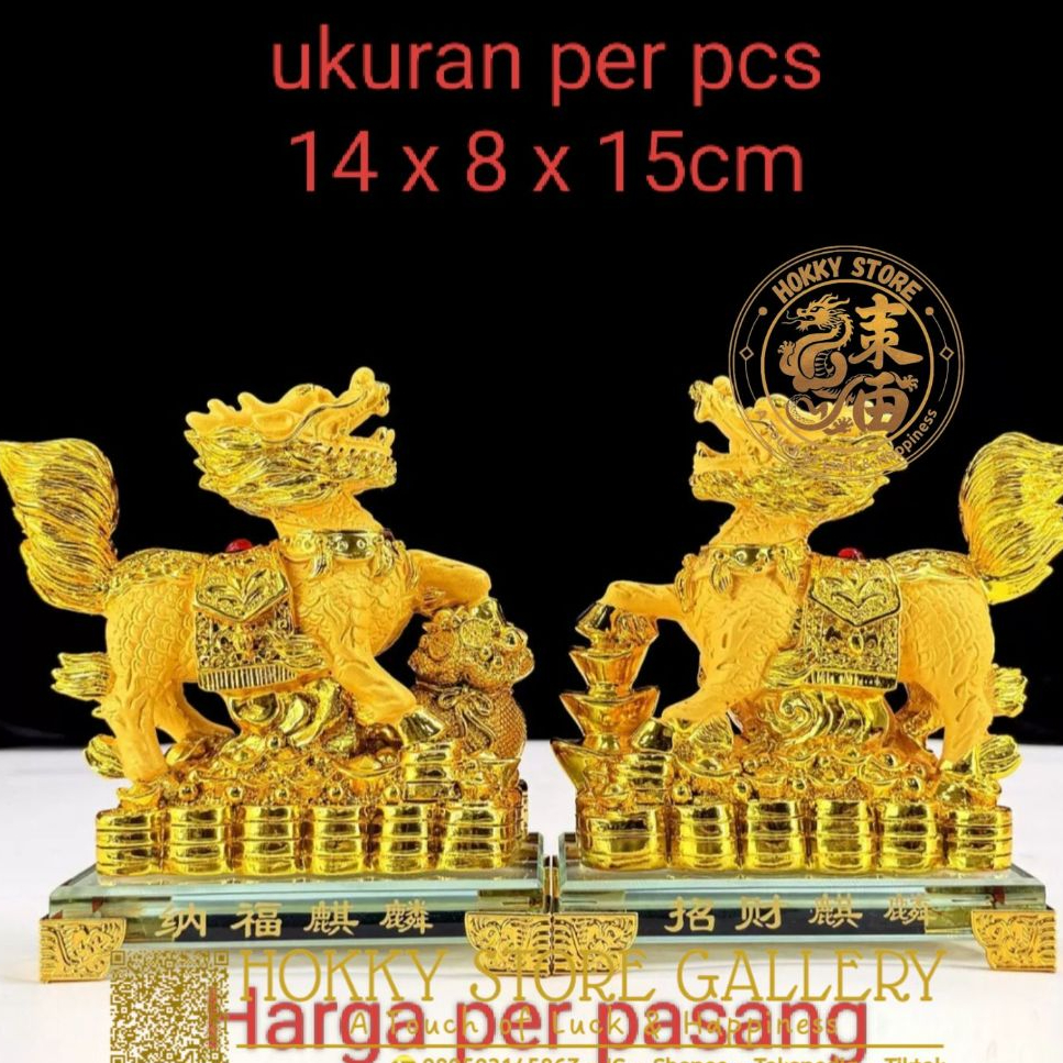 Pajangan Sepasang Qilin Emas Feng Shui Simbol Karir Sukses & Pelindung Rumah Ornamen Patung Kirin Me