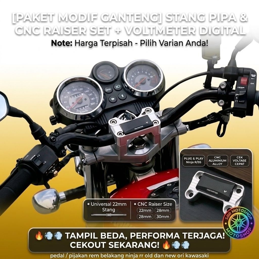 Raiser CNC Stang Pipa Ninja R Ninja SS Set Volt Meter Aki Dudukan Look Presisi Racing