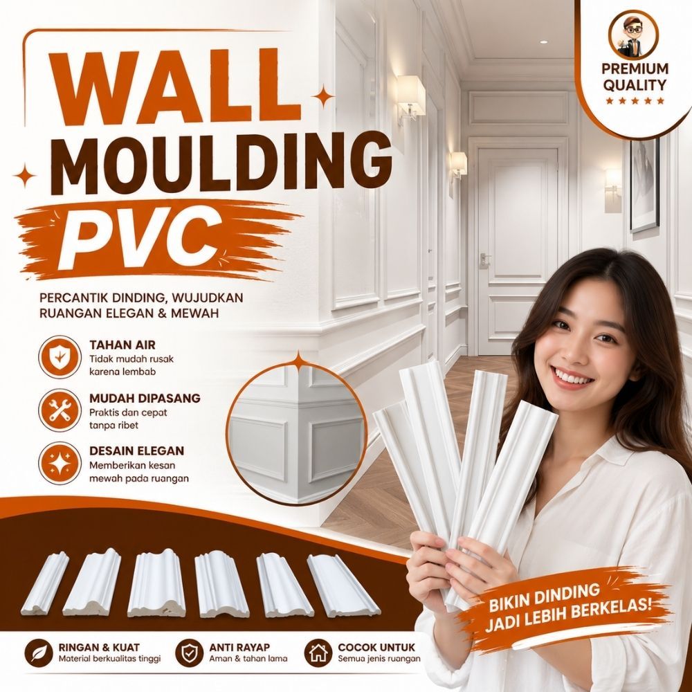 Wall Moulding List Plafon PVC Wolmolding Warna Putih Dekorasi Dinding Kamar Tidur Elegan Waterproof