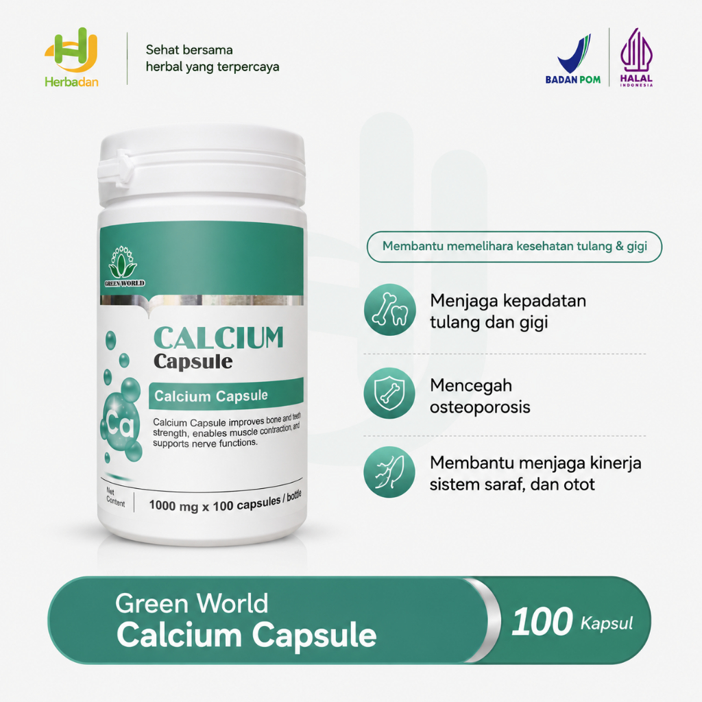 Suplemen Kalsium + Vitamin D3 Isi 100 Kapsul | Nutrisi Tulang Harian | Green World Calcium Capsule