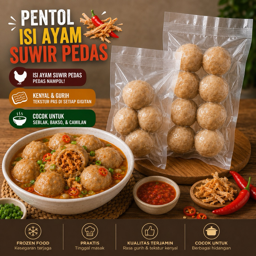 Pentol Isi Ayam Suwir Pedas Frozen Homemade Isi 20 Butir | Pentol Bakso Pedas Gurih | Cocok Seblak B
