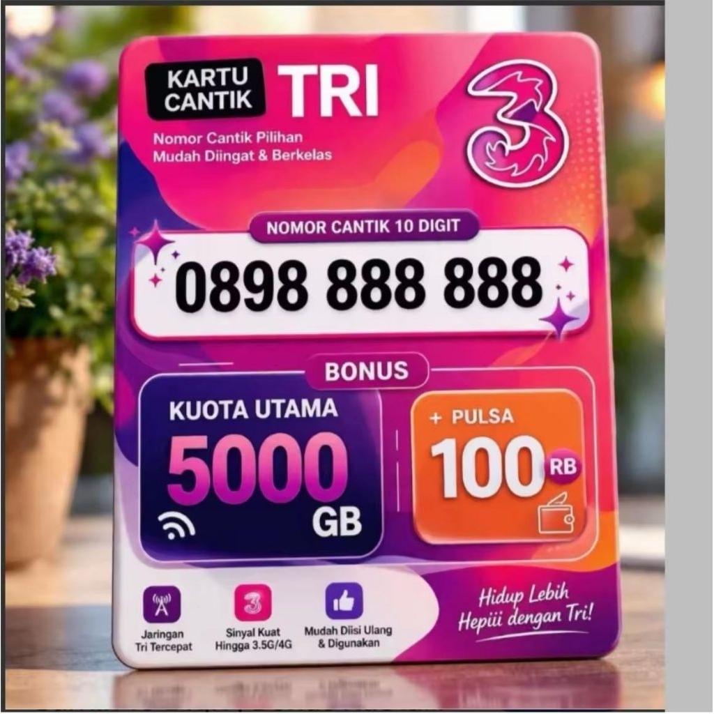 Promo Kartu Perdana Tri 10Digit Bonus Kuota 5000GB Support Jaringan 4G