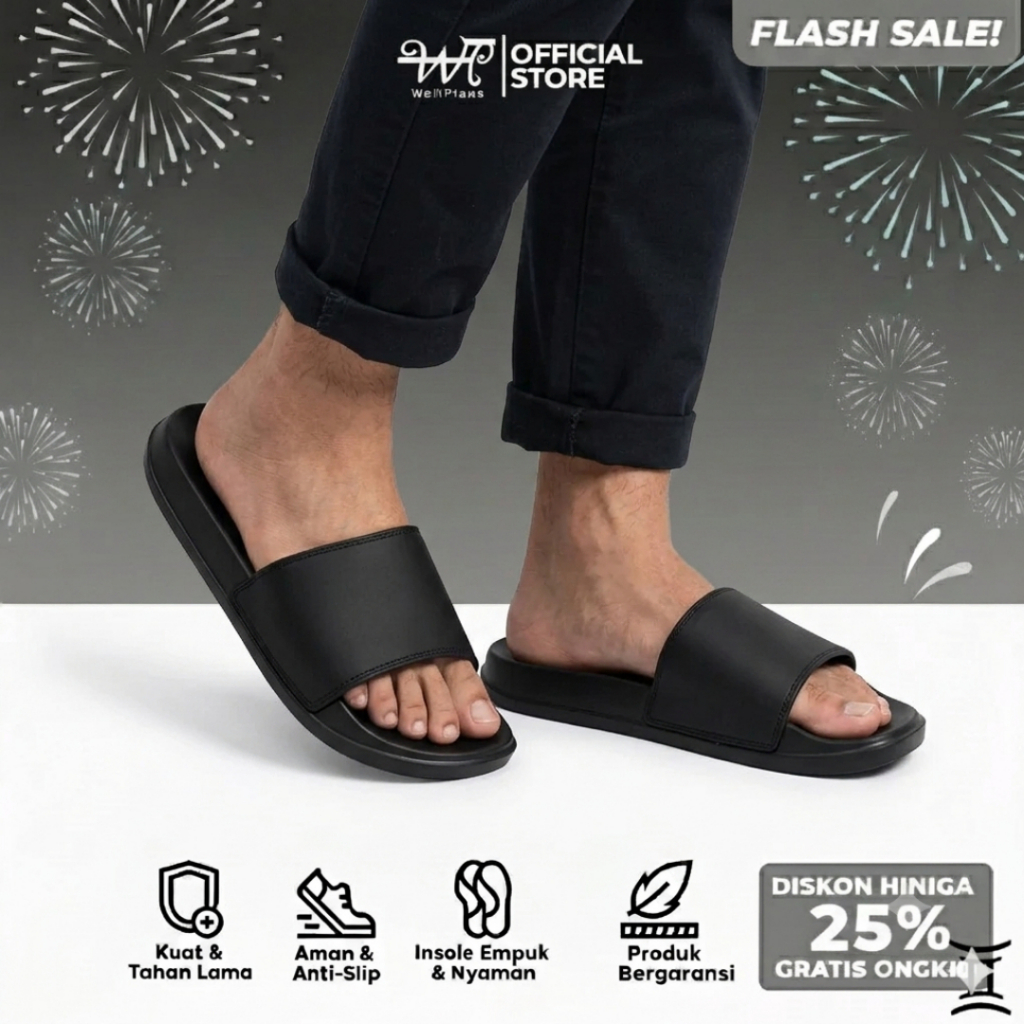 Wellplans - Sandal Slop Pria Hitam Polos Upper Lock Premium