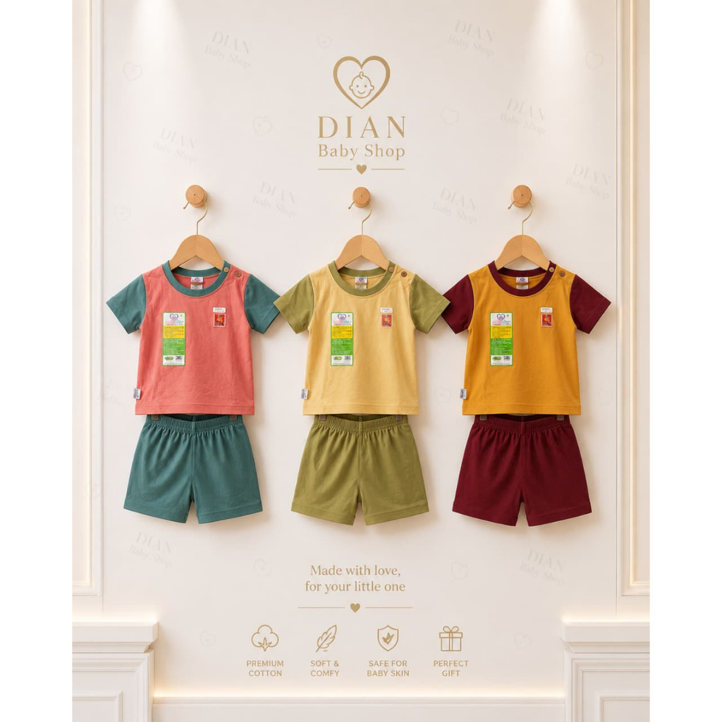 ( 3Pcs ) Setelan Mom's Gift (( PENDEK POLOS )) | Piyama Bayi Kancing Bahu | Pakaian Anak | Warna RAN
