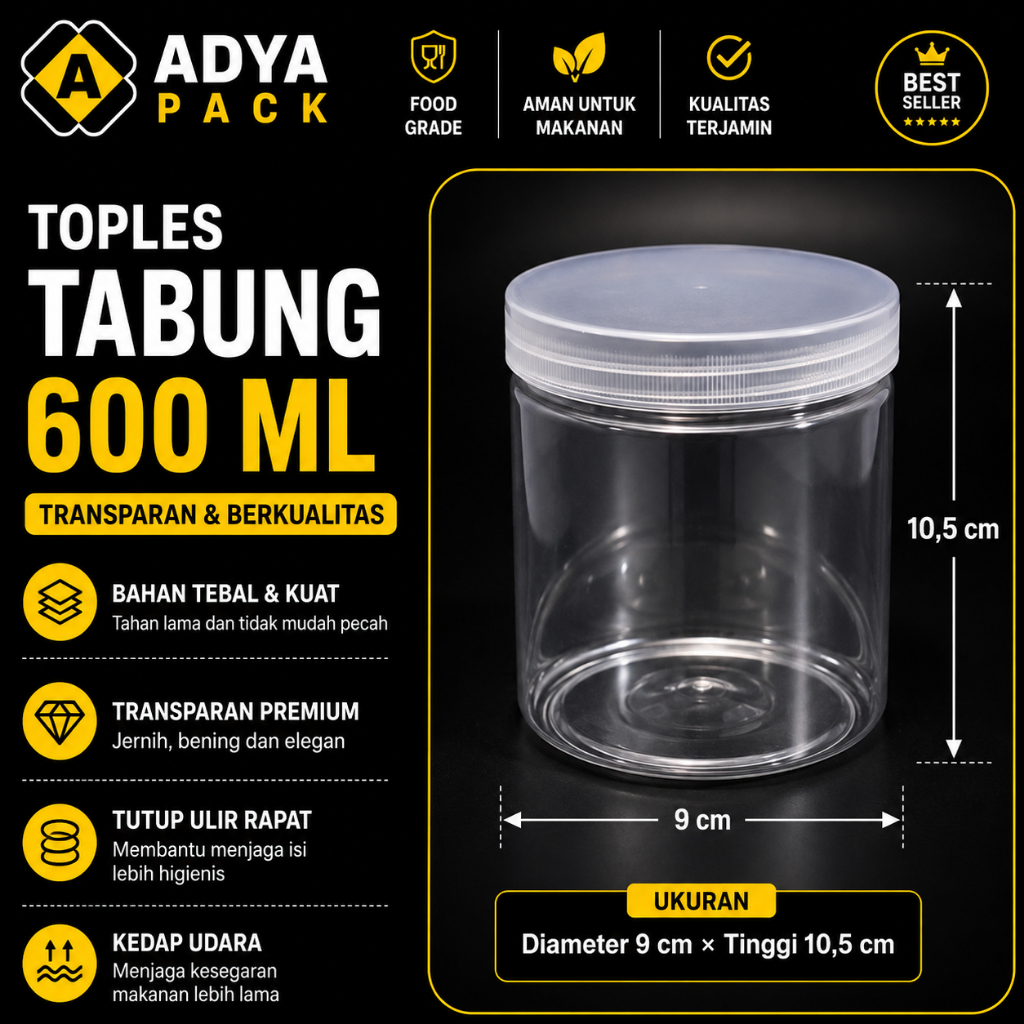 Toples Tabung Silinder 600 ml - Jar Plastik Mamitoko Fox Ulir