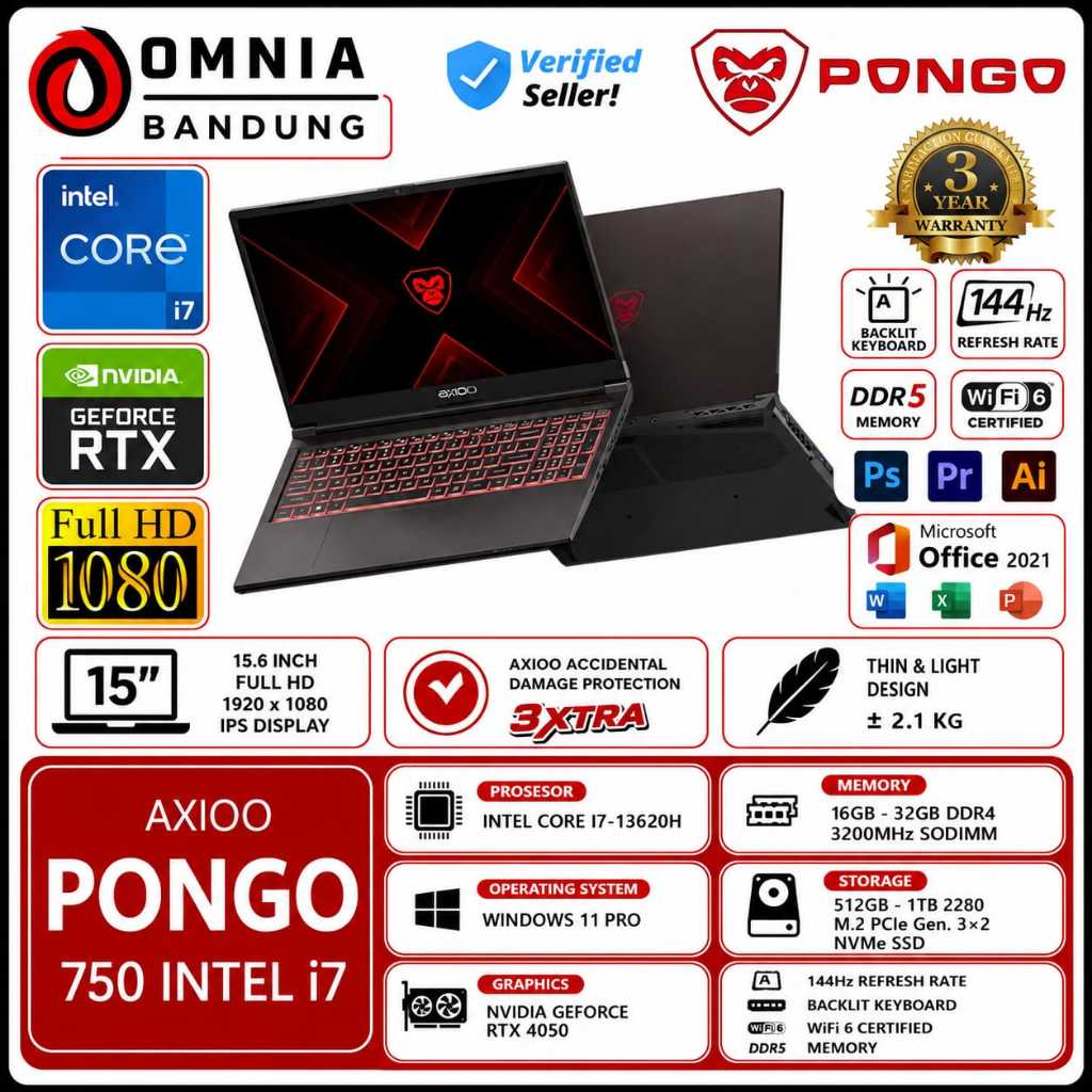 Axioo Pongo 750 Laptop Gaming i7-13620H RTX4050 16GB 512GB SSD 15.6" FHD 144Hz