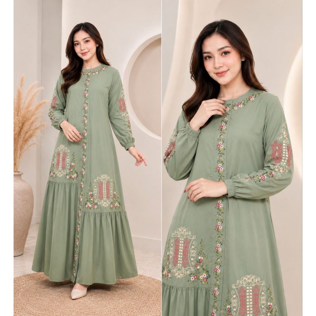 Keynara -  Gamis Katun Toyobo Sulaman Bordir Bunga Pintu Aceh