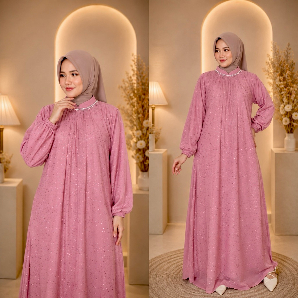 Terbaru Gamis full Ceruty mix Tile salju Leher Payet || Gamis Pesta Anak Muda
