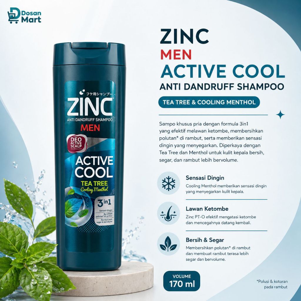 Zinc Men Anti Dandruff Shampoo Active Cool || Zinc Men Shampoo Anti Ketombe || Kemasan Botol 170 ml