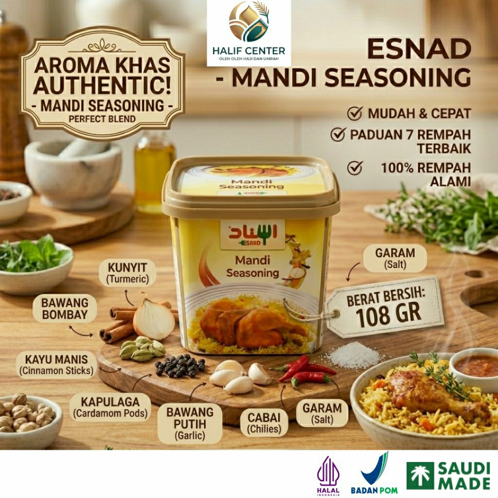 Esnad Mandi Seasoning 108gr BPOM | Bumbu Nasi Mandi Arab Premium | Rempah Timur Tengah untuk Ayam, K